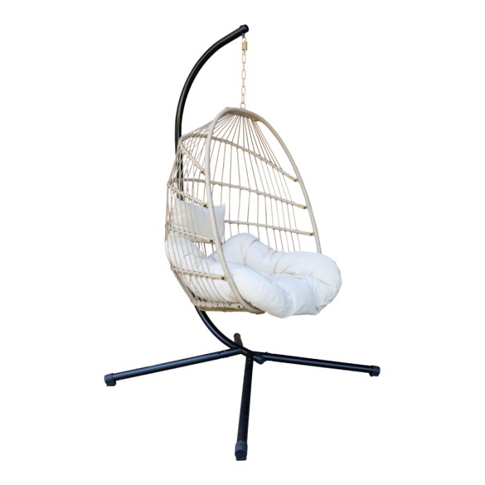 hangstoel zwart frame beige stoel creme kussen