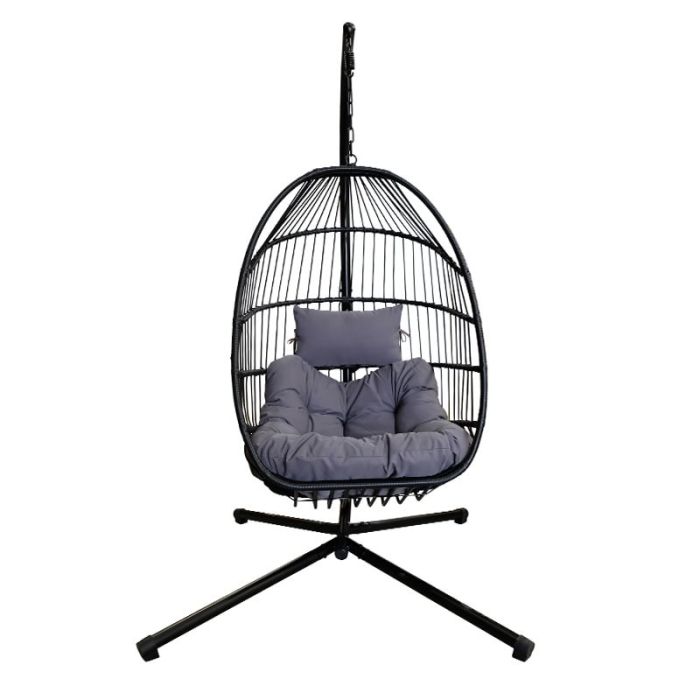 hangstoel zwarte frame grijze kussens