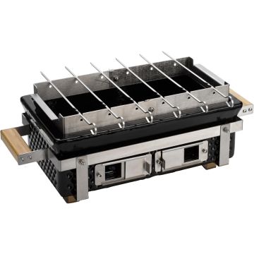 Buitenkado Hibachi tafelgrill – keramisch, 55×22cm, zwart – inclusief RVS rek voor 6 spiezen, ideaal voor samen koken rond de tafel.